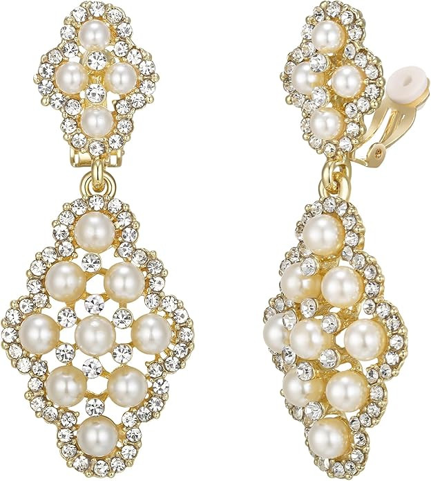 BriLove Women's Wedding Bridal Rhombus Crystal Simulated Pearl Hollow Chandelier Clip-On Dangle E... | Amazon (US)