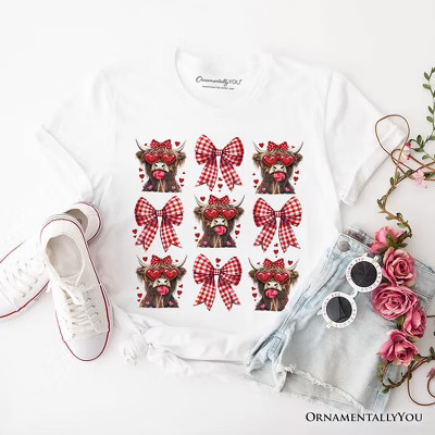 Highland Cow Coquette Bow Valentine T-Shirt, Cute Hearts Western Tee White S | Target