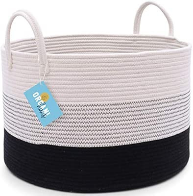 OrganiHaus XXL Cotton Rope Basket in Black and Off White with Stitches | Tall 15x18 Storage Baske... | Amazon (US)