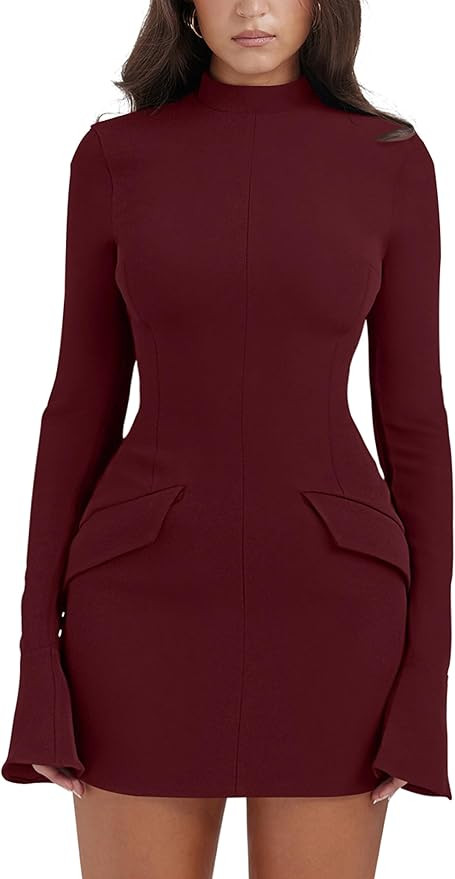 YMDUCH Women's Long Sleeve Mock Turtle Neck Bodycon Mini Tank Short Party Dress | Amazon (US)
