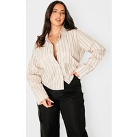 Plus Beige Striped Fitted Shirt | PrettyLittleThing UK