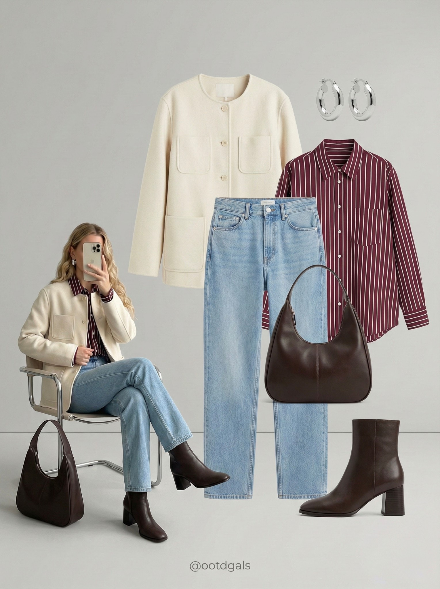 🤍 Cream, Denim & Burgundy 🤍

A soft cream jacket sets a clean, polished base, layered over a burgundy striped shirt for subtle contrast. Light-wash straight jeans keep the look relaxed, while dark brown heeled boots and a matching slouchy bag add depth and warmth. Finished with silver hoops for a simple, modern touch.

Everything linked and ready to shop ✨

#LTKootd #LTKSeasonal #LTKgrwm