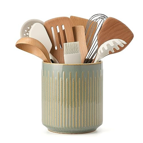 JIEMEI HOME Kitchen Utensil Holder, Ceramic Stable Utensil Crock for Countertop, 7.2" Large Utensil Organizer with Cork Mat, Removable Bamboo Divider for Kitchen Décor and Accessories, Green | Amazon (US)