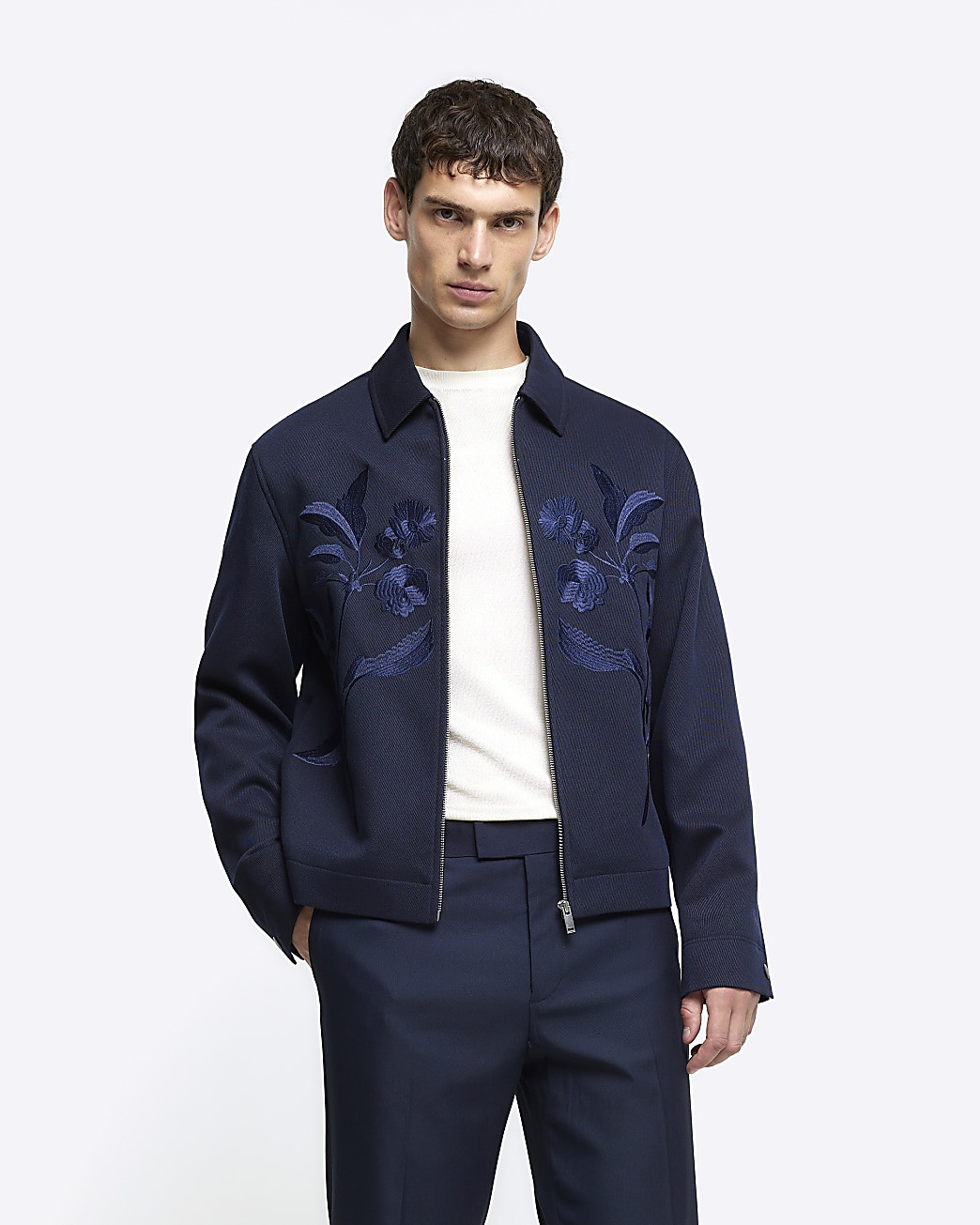 Navy regular fit embroidered floral jacket | River Island (UK & IE)