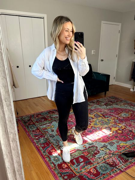 Casual spring outfit idea! This crop top is an amazon fashion find, these black leggings and linen shirt are both on sale and these white sneakers are perfect spring shoes! #springoutfit #casualoutfit 

#LTKshoecrush #LTKsalealert #LTKfit