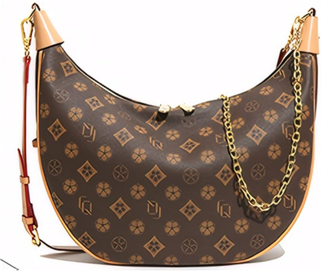 Women's Crescent Shoulder Bag – Vintage Monogram Hobo Purse with Gold Chain | Vegan Leather Cro... | Amazon (US)