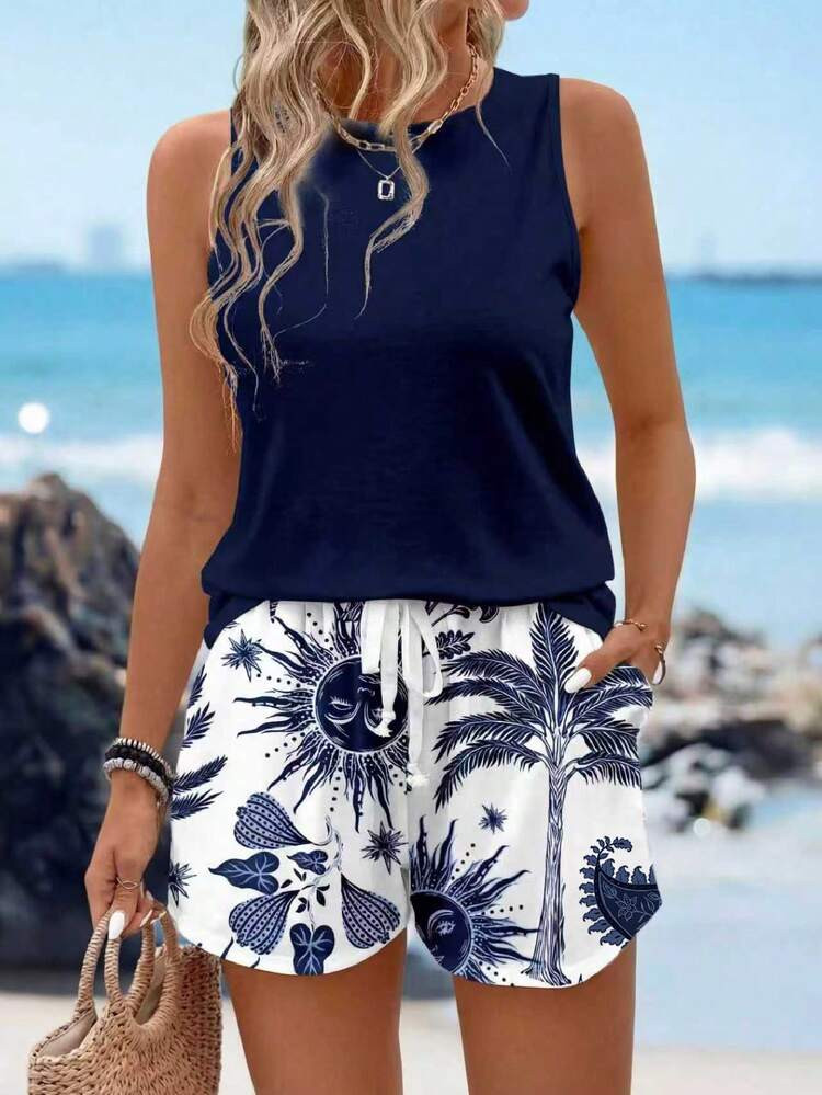 Sylviya 2pcs/Set Women Casual Round Neck Vest And Shorts Set, Suitable For Summer | SHEIN