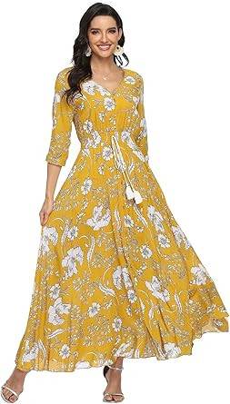 VintageClothing Women's Floral Maxi Dresses with Sleeves Flowy Boho Beach Dress | Amazon (US)