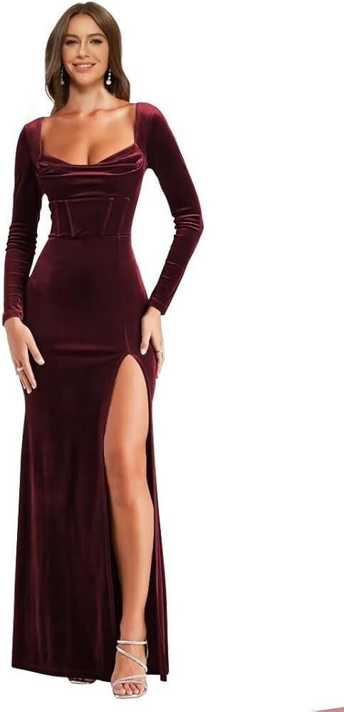 Long Sleeve Velvet Bridesmaid Dresses with Slit for Women Cowl Neck Ruched Christmas Party Dress ... | Amazon (US)