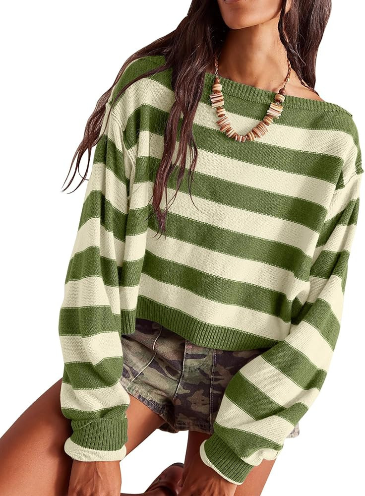 Womens Striped Crop Sweater Oversized Boat Neck Ribbed Sweater Long Sleeve Lightweight Pullover L... | Amazon (US)