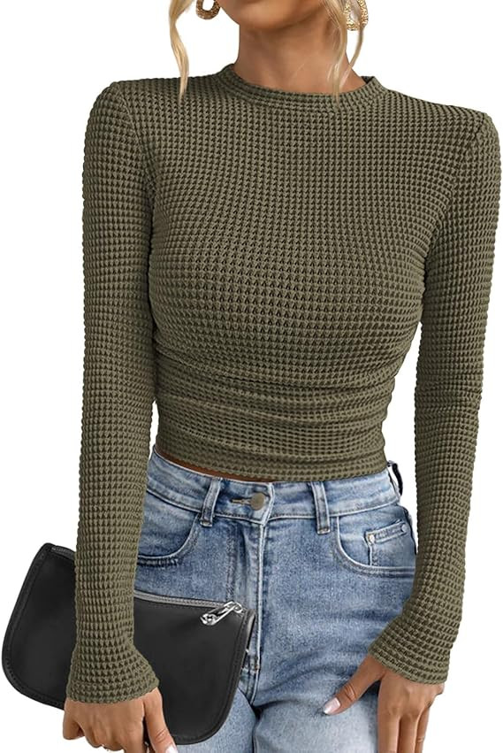PRETTYGARDEN Womens Long Sleeve Waffle Knit Ruched Tops | Amazon (US)
