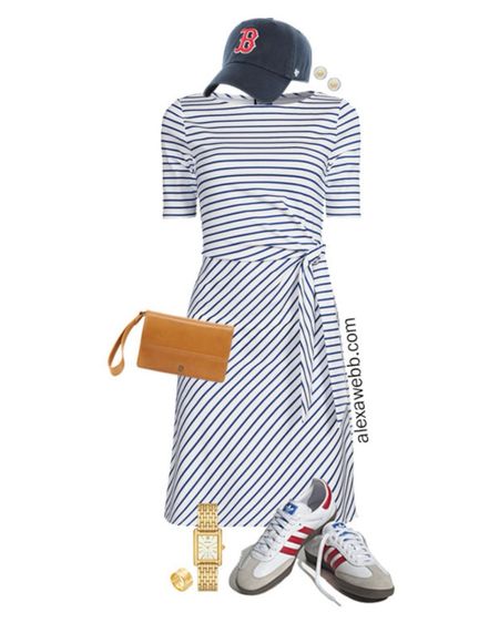 Plus Size Fourth of July Outfits 2024 - Look 6 - A plus size casual outfit for 4th of July parties and BBQs with an easy striped knit dress, adidas red stripe sneakers, baseball cap, and leather wristlet. Alexa Webb #plussize 

#LTKStyleTip #LTKSeasonal #LTKPlusSize