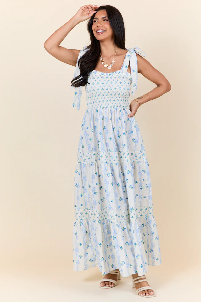In The Meadows Ivory and Blue Smocked Print Midi Dress | Pink Lily