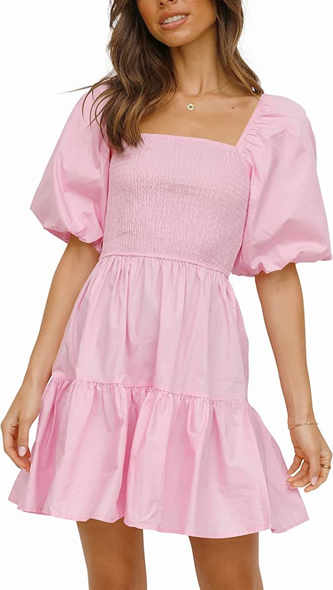 Amazon.com: Atizon Women's Summer Smocked Dress Square Neck Puff Sleeve Casual Vintage Off Should... | Amazon (US)