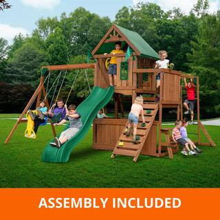 Professionally Assembled Knightsbridge Plus Wooden Outdoor Playground Set with Slide, Rock Wall, Swings, and Monkey Bars | The Home Depot