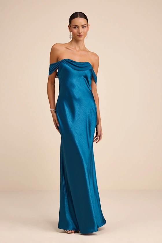 Alaida Teal Blue Satin Off-the-Shoulder Maxi Dress | Lulus