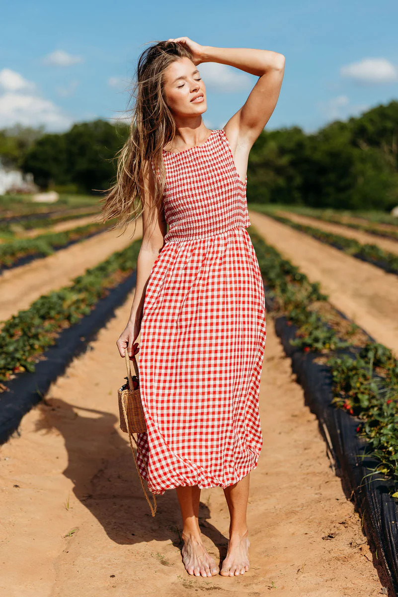 Antonia Bubble Hem Midi Dress in Red Ivory | Worth Collective