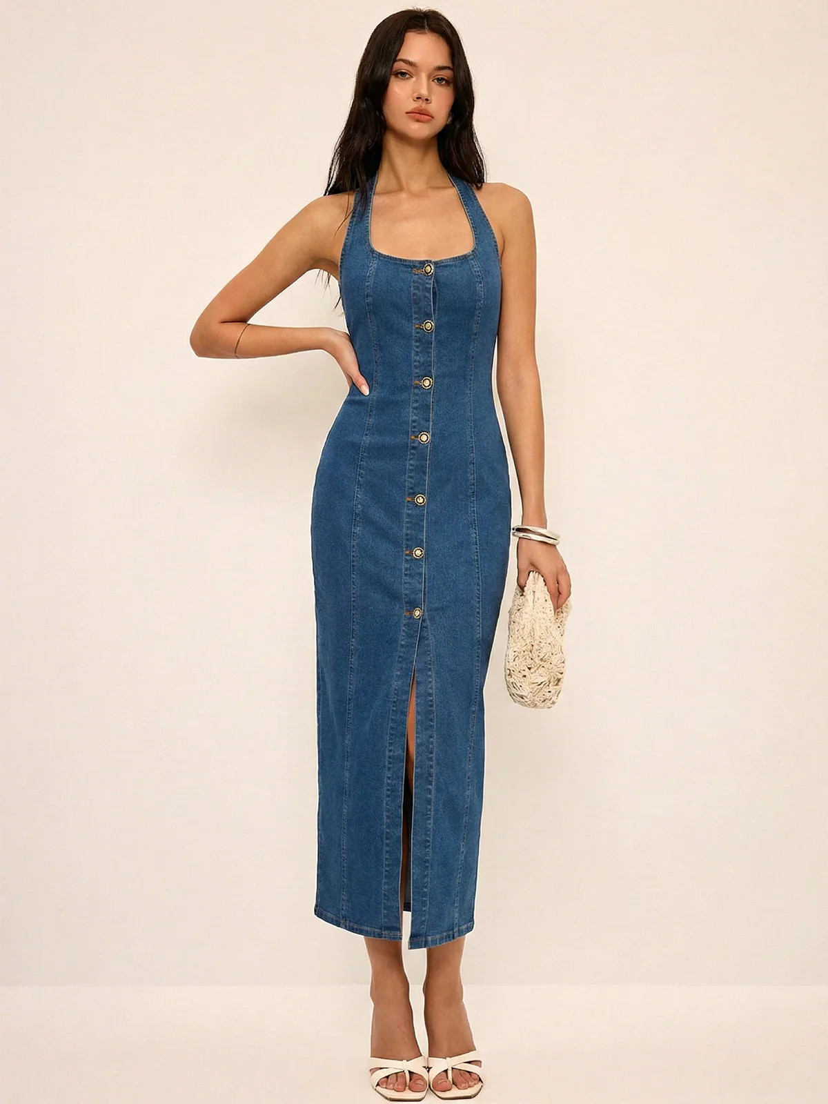 Denim Halter Button Front Maxi Dress | Commense