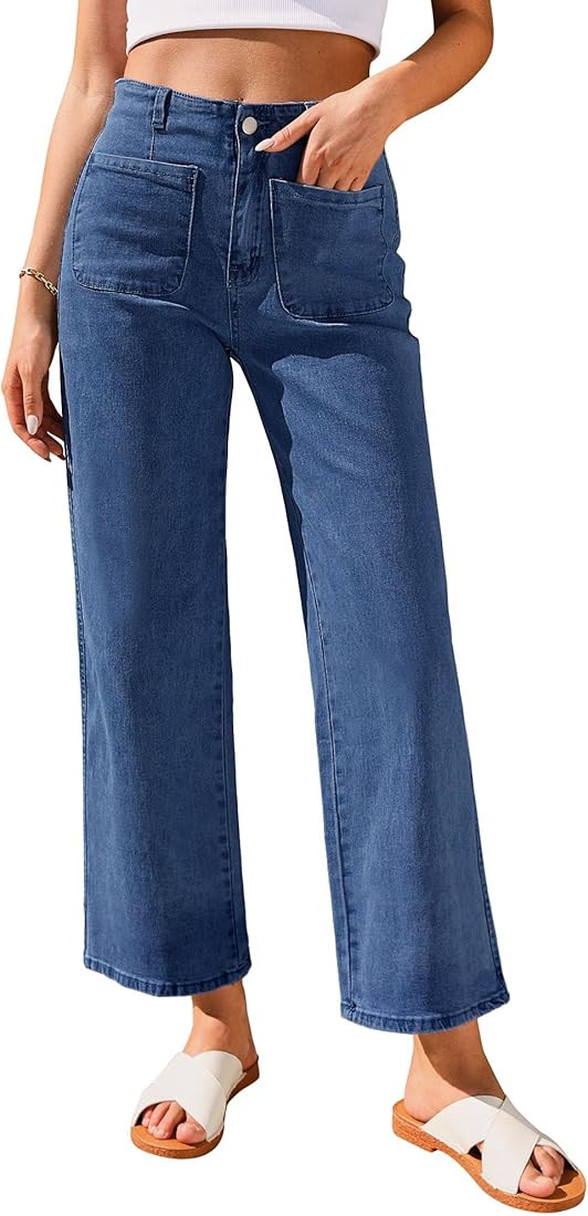 GRAPENT Wide Leg Jeans for Women High Waisted Straight Leg Stretchy Cropped Denim Pants with Pock... | Amazon (US)