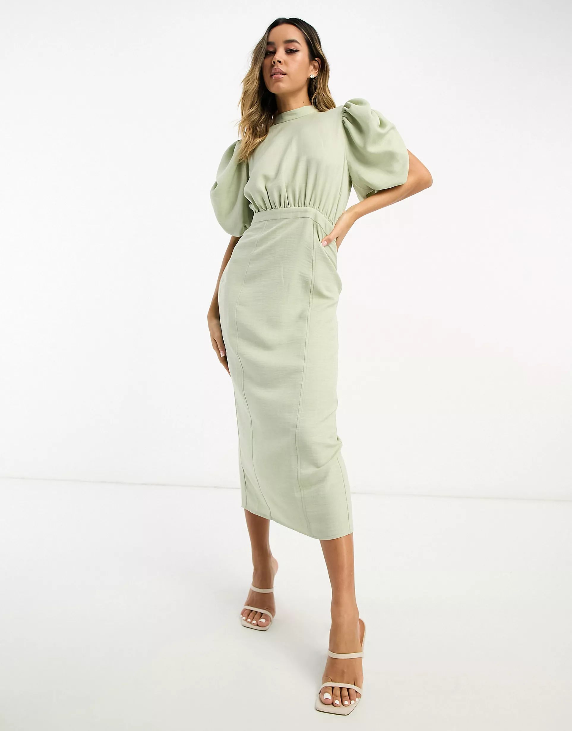 ASOS DESIGN high neck volume sleeve midi dress with fitted skirt in apple green | ASOS (Global)
