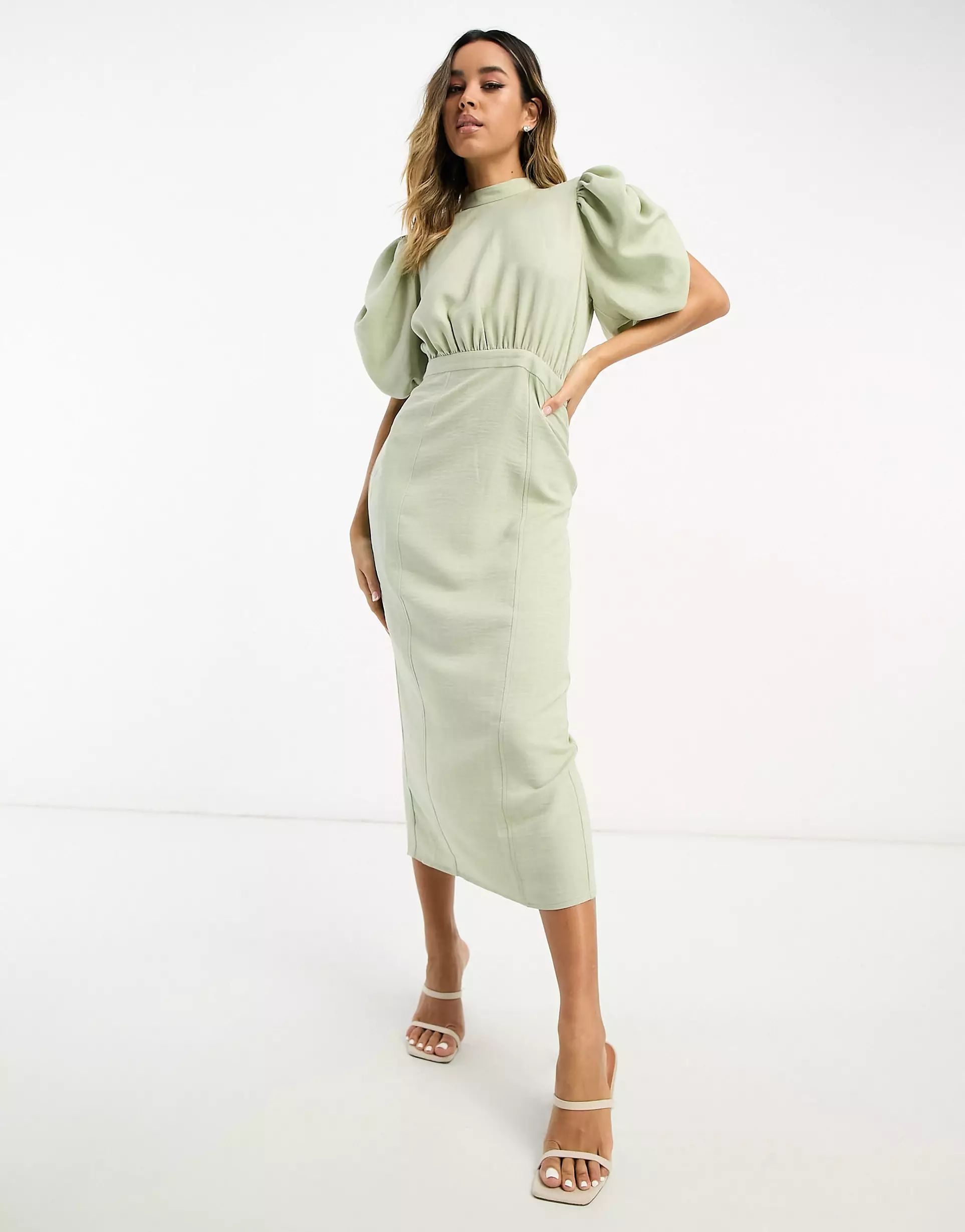 ASOS DESIGN high neck volume sleeve midi dress with fitted skirt in apple green | ASOS (Global)