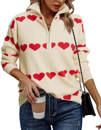 Heart Sweater for Women V Neck Valentines Sweatshirt Quarter Zip Pullover Ribbed Knitted Sweaters... | Amazon (US)