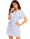 Click for more info about Romwe Women's Cotton Asymmetrical Hem 3/4 Sleeve Belted Striped Dress Shirt