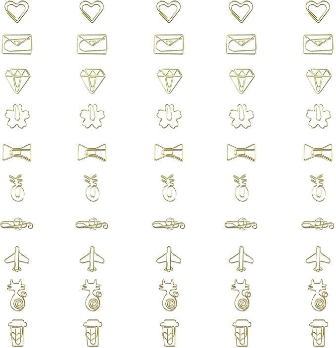Mulutoo 50Pcs Gold Cute Paper Clips Love Heart Diamond Coffee Cup Cat Shape Assorted Paperclips, ... | Amazon (US)