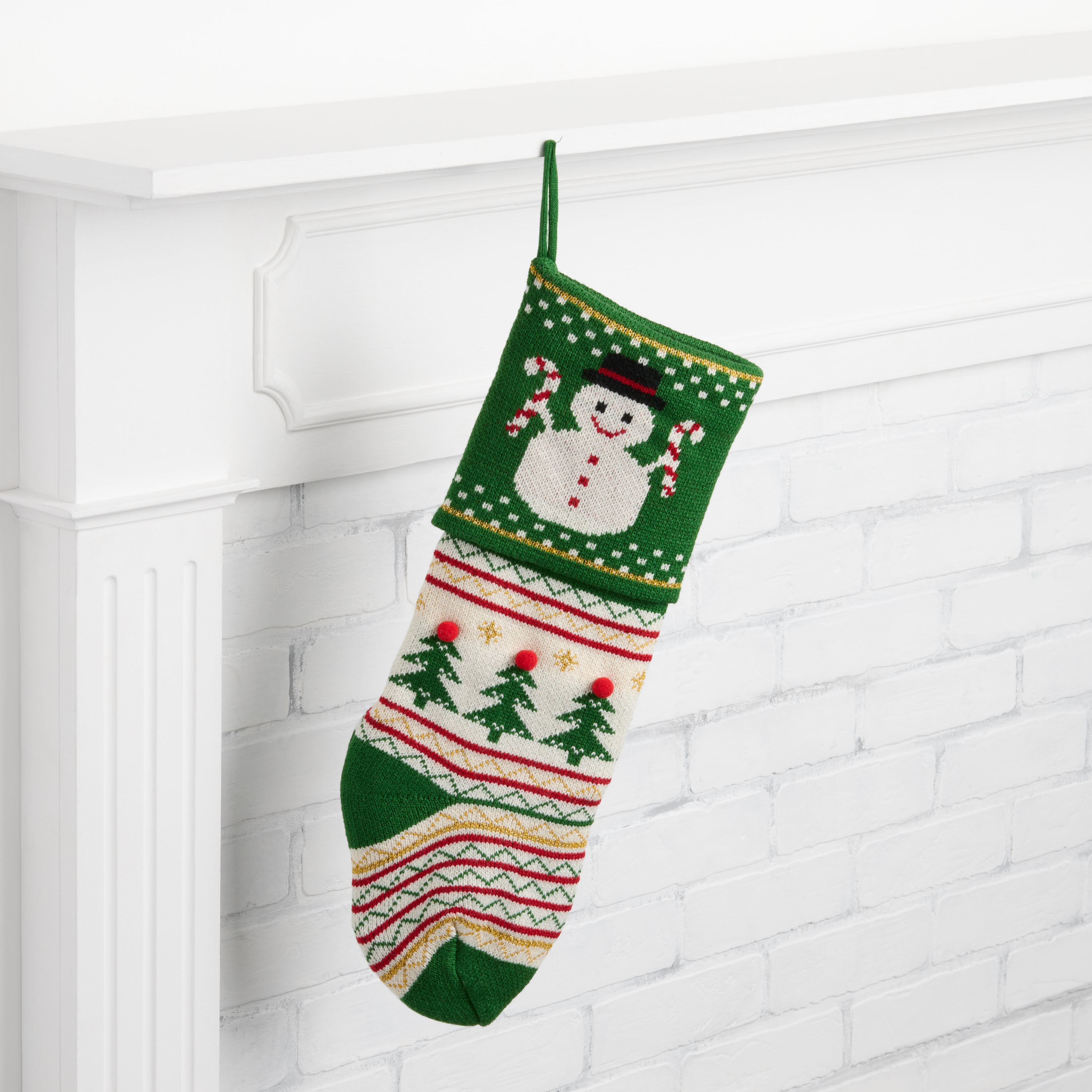 Green and White Knit Snowman Cuff Christmas Stocking | World Market