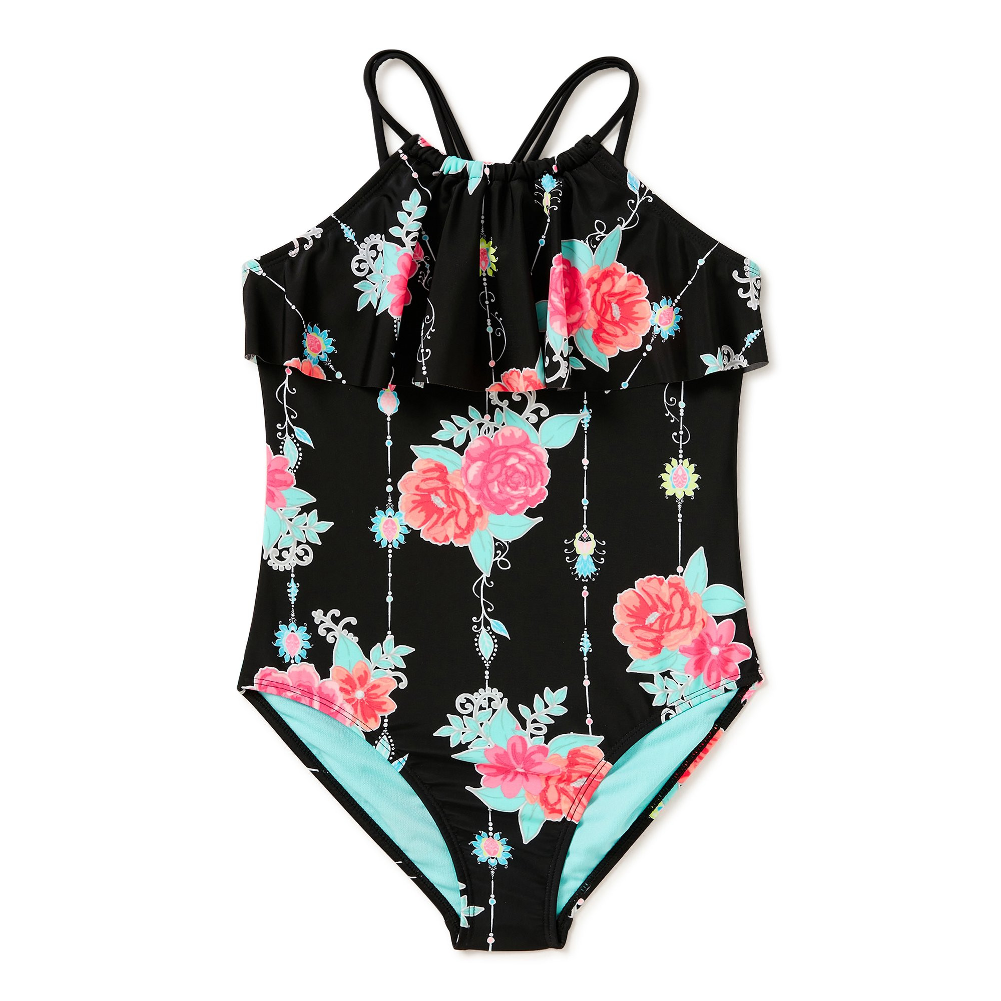 Wonder Nation Girls One-Piece Swimsuit with Flounced Top, 4-16 & Plus | Walmart (US)