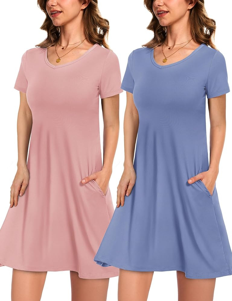 2 Pack Women's Casual T-Shirt Dresses with Pockets, V Neck Short Sleeve Loose Summer Swing Tunic | Amazon (US)