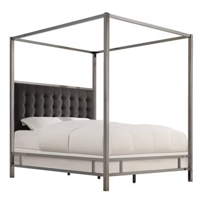Queen Manhattan Black Nickel Canopy Bed with Biscuit Tufted Headboard Charcoal - Inspire Q: Linen... | Target