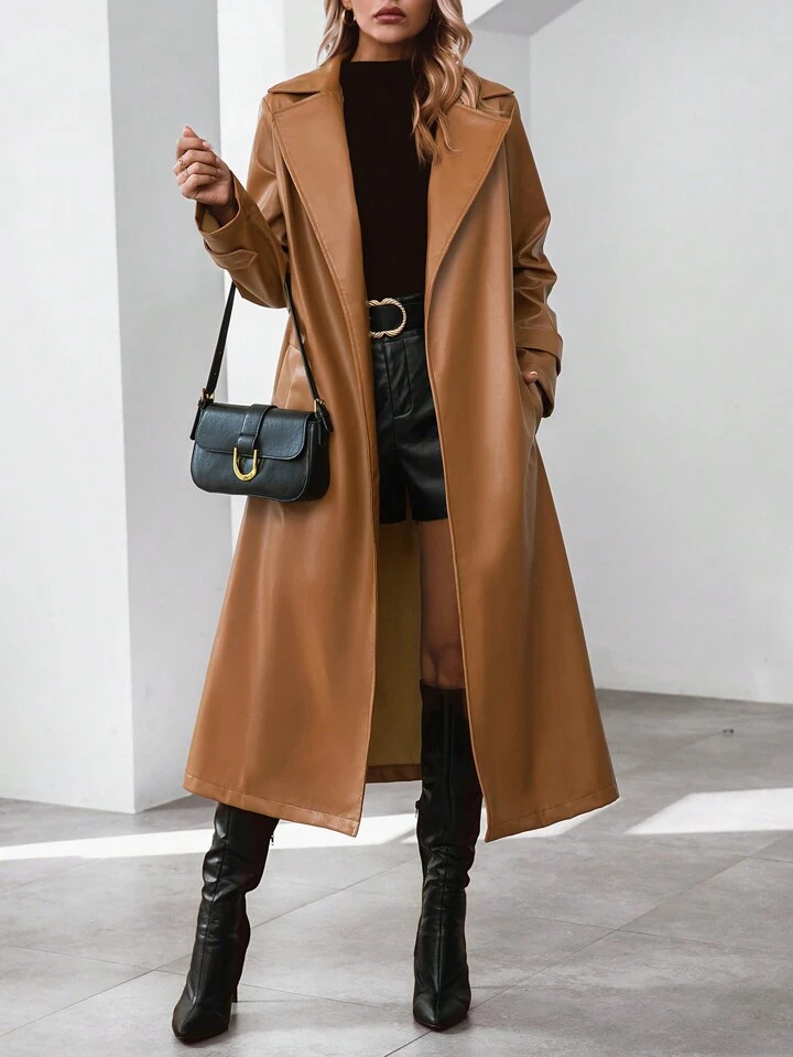 SHEIN Essnce Lapel Neck Belted PU Trench Coat | SHEIN