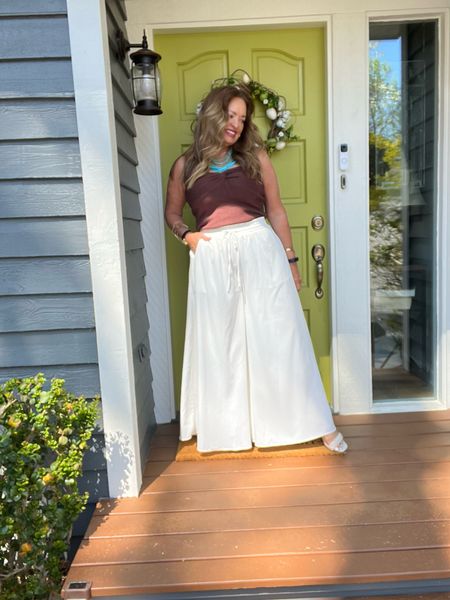 The most beautiful palazzo pants! They are high waisted and lined. Perfect for Summer Nights. My brown knot bandeau top works perfectly because you want to keep it small on tip when you have so much volume below. Gold and turquoise necklace shopped my closet

#LTKSeasonal #LTKparties #LTKFestival