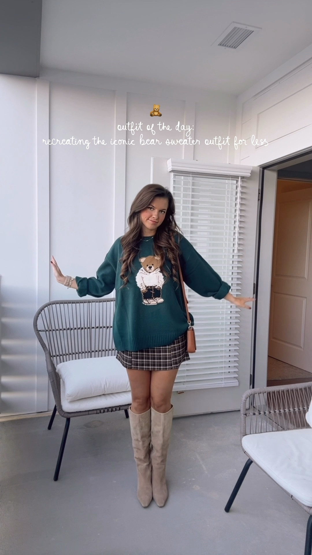 // bear sweater outfit inspo // this exact sweater and dress are from These Three but will link some similar //