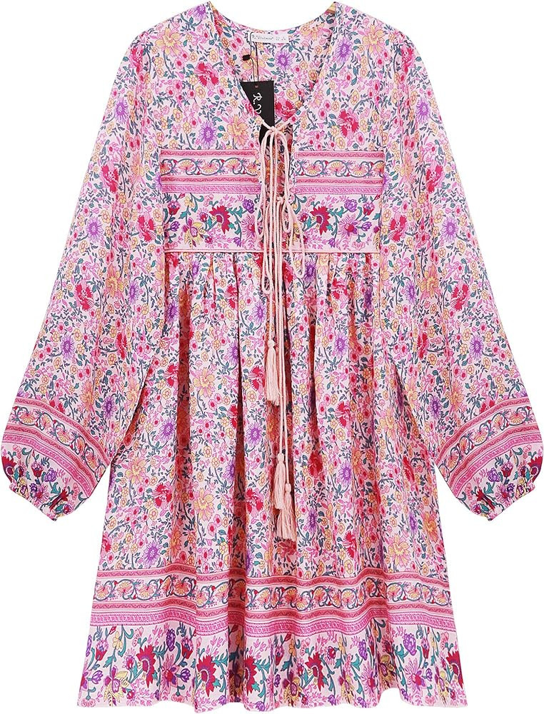 R.Vivimos Womens Long Sleeve Floral Casual Print Cotton Mini Tunic Dress | Amazon (US)
