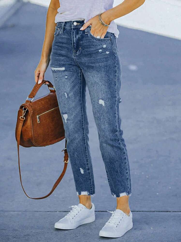 Women's Casual Everyday Washed Distressed Versatile Denim Pants | SHEIN