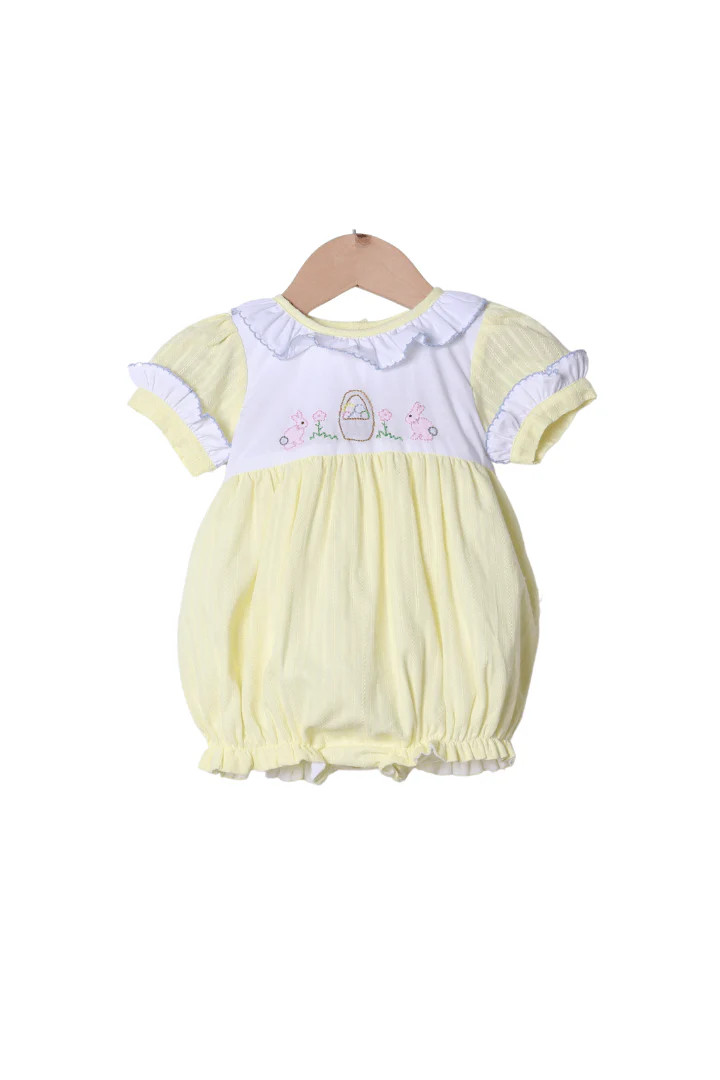 Shadow Embroidery Easter Bunny Basket Yellow Linen Bubble | The Smocked Flamingo