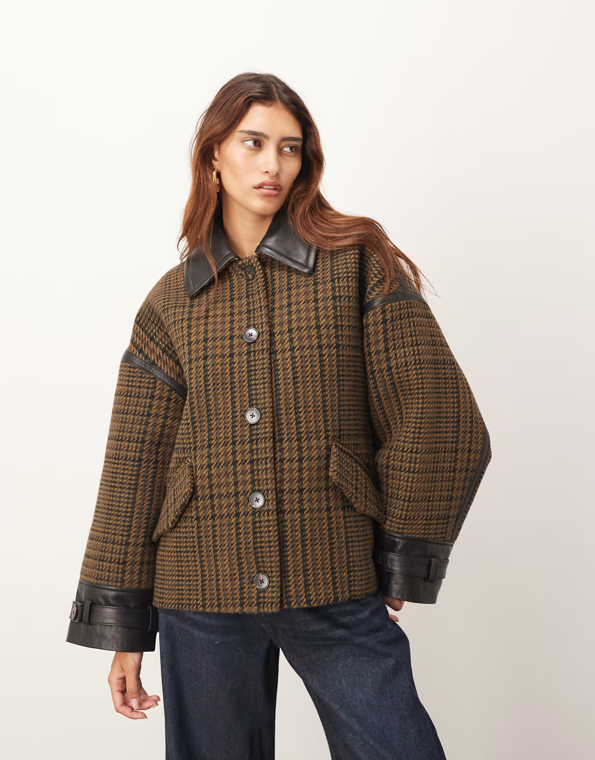ARRANGE houndstooth brushed wool blend coat with leather detail in brown | ASOS | ASOS (Global)