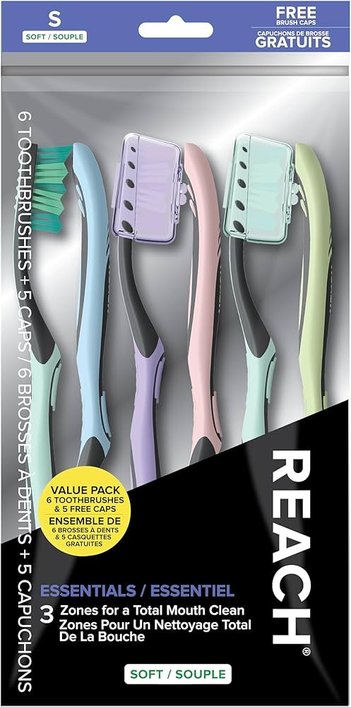 Reach Essentials Toothbrush with Toothbrush Caps, Multi-Zoned Angled Soft Bristles, Contoured Han... | Amazon (US)