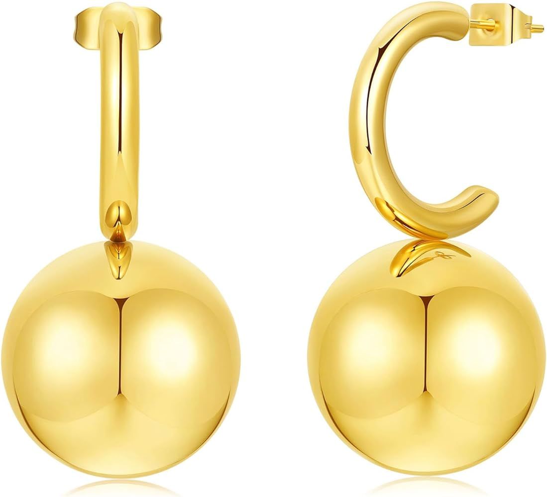 Follome Gold Ball Hoop Earrings for Women 18K Gold Puffy Ball Dangle Earrings for Women Chunky Ba... | Amazon (US)