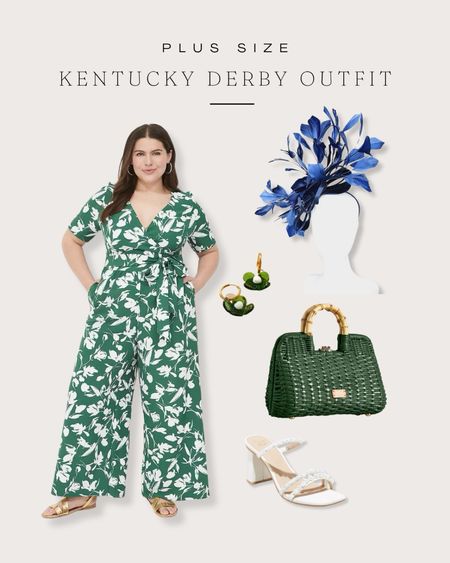 Green and navy plus size Kentucky derby outfit idea. Green jumpsuit and navy blue fascinator. 

#LTKover40 #LTKplussize #LTKSeasonal