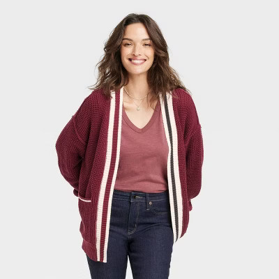 Women's Open-Front Cardigan - Universal Thread™ Burgundy Striped S | Target