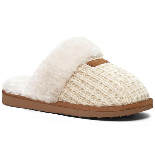 Litfun Women's Fuzzy Memory Foam Slippers Fluffy Winter House Shoes Indoor and Outdoor, Knit Cream White 7-7.5 | Amazon (US)