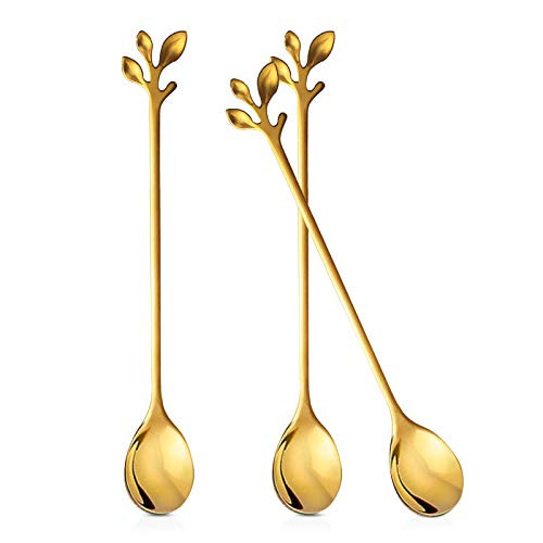 ANYI16 Long Handle Tea Coffee Spoons Set, 7.5" Stainless Steel Gold Leaf Teaspoons for Iced Tea, Coffee, Ice Cream, Dessert | Amazon (US)