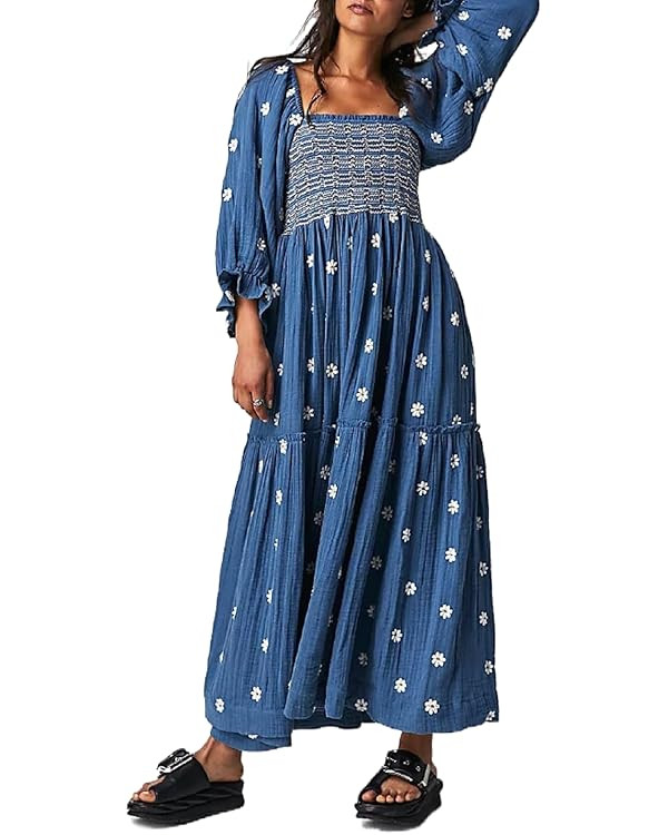 Women's 2023 Bohemian Maxi Dress Floral Puff Sleeve Ruffle Swing Dress Sexy Summer Beachwear Dres... | Amazon (US)
