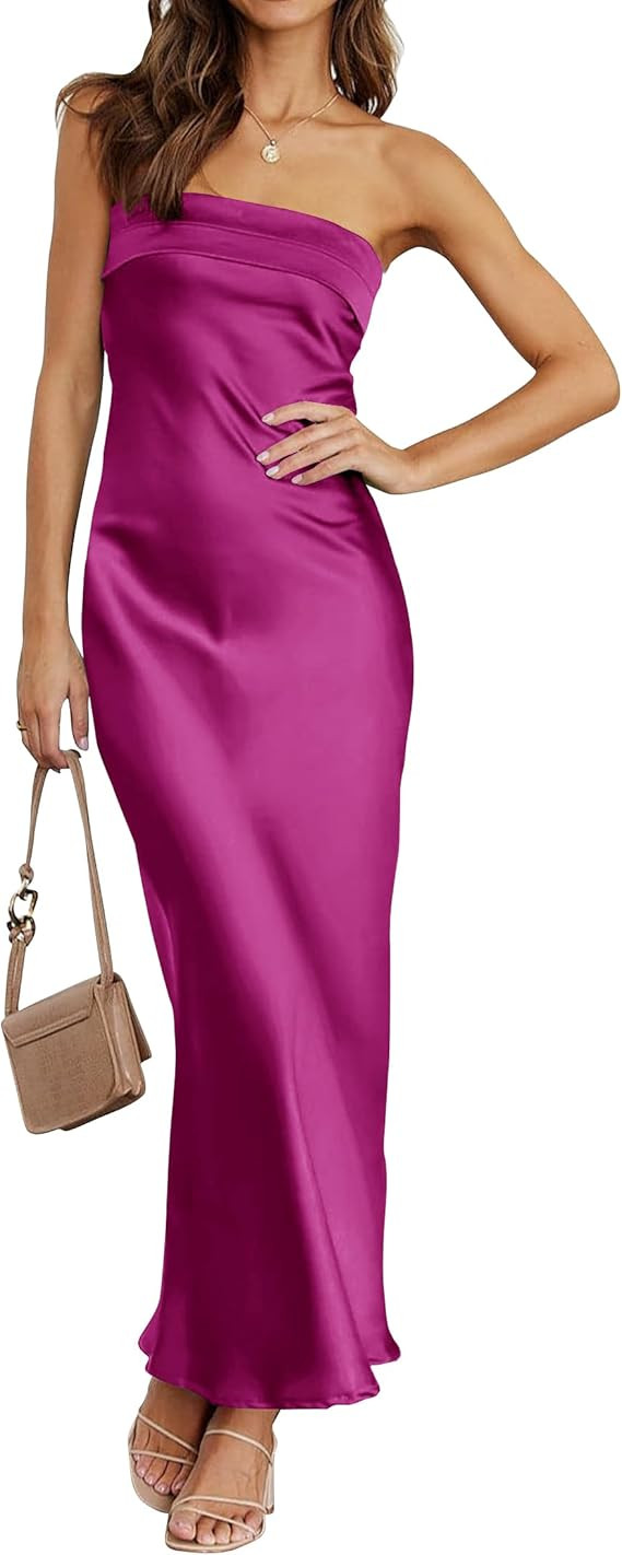 MEROKEETY Women 2025 Summer Strapless Satin Tube Bodycon Backless Wedding Guest Maxi Dress | Amazon (US)