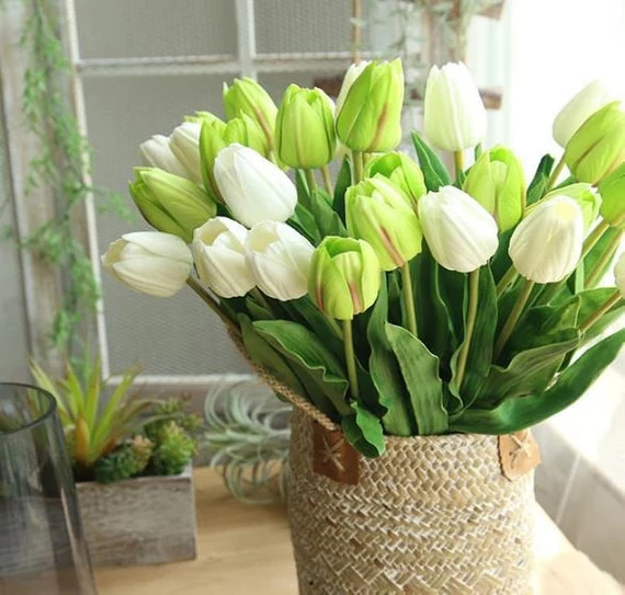 Real Touch Faux Tulip Green Artificial Tulip Fake White Flower | Etsy | Etsy (US)