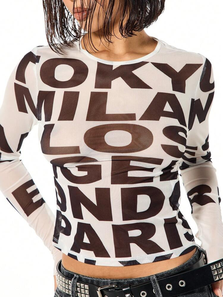 SUMWON WOMEN Long Sleeve Mesh Letter Print Top With Crew Neckline And Bold Typography Design For Casual Everyday Wear And Streetwear Fashion | USA | SHEIN