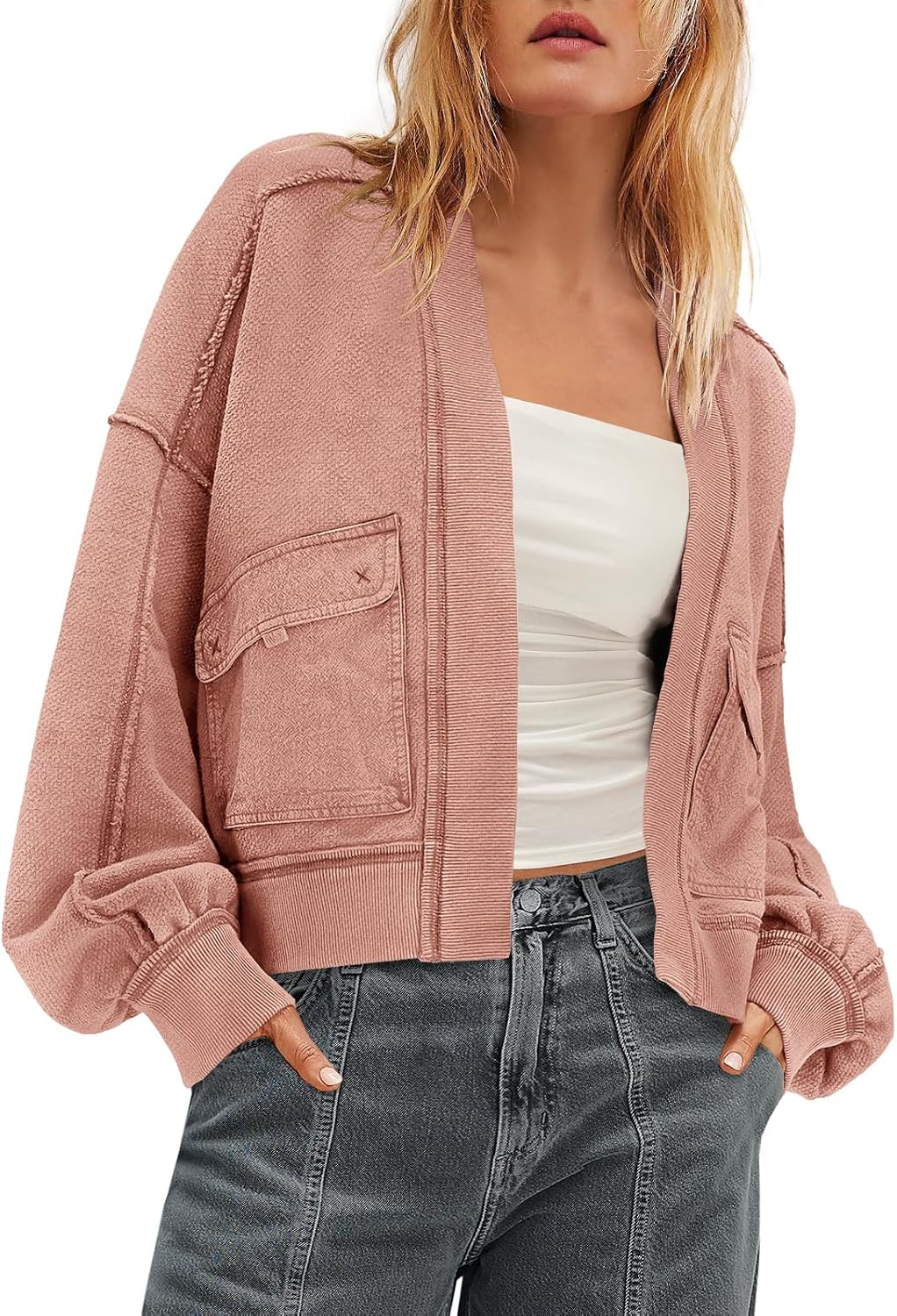 Womens Sweatshirt Cardigan Drop Shoulder Crop Jackets | Amazon (US)